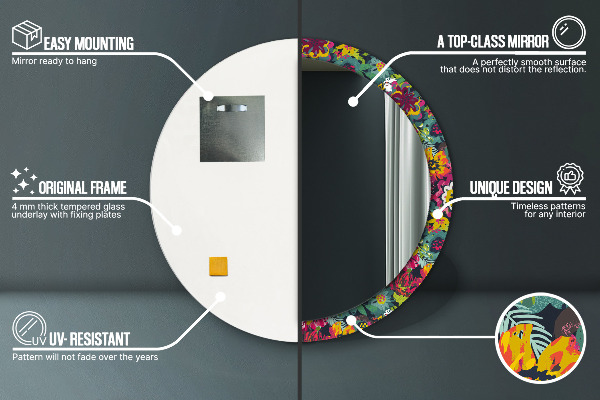 Oglinda rotunda rama cu imprimeu Flori pictate manual