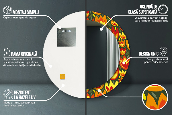 Oglinda rotunda imprimata Lalele retro