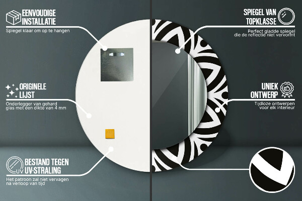 Oglinda rotunda rama cu imprimeu Ornament geometric negru