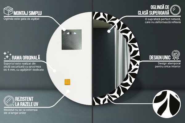 Oglinda rotunda rama cu imprimeu Ornament geometric negru