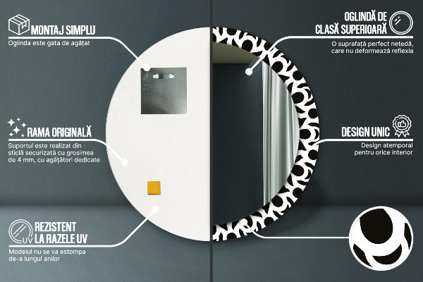 Oglinda rotunda rama cu imprimeu Ornament geometric negru