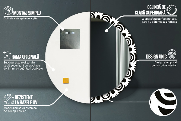 Oglinda rotunda rama cu imprimeu Ornament geometric negru