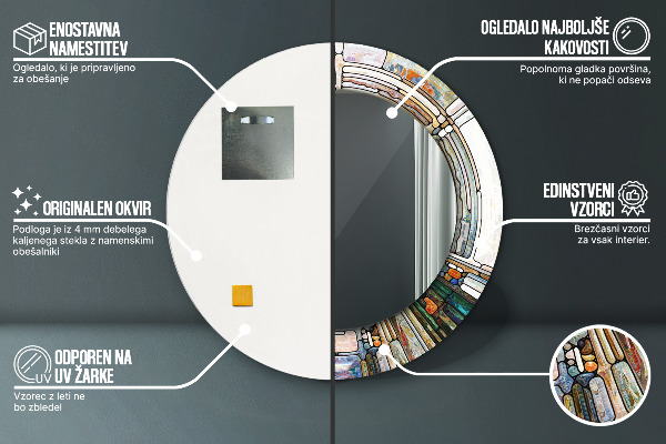Oglinda rotunda rama cu imprimeu Fereastră abstractă de vitralii