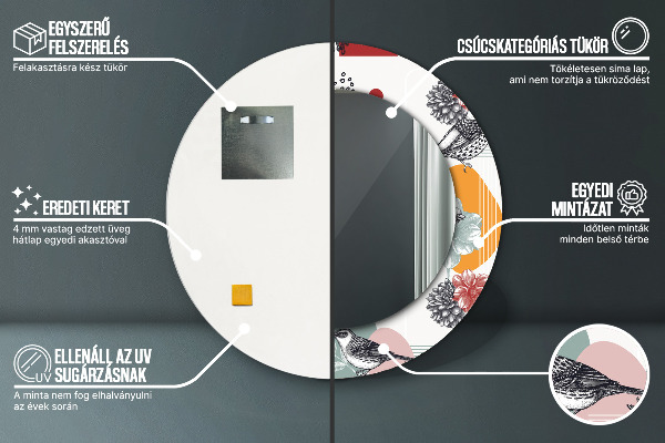 Oglinda rotunda rama cu imprimeu Abstracție cu păsări