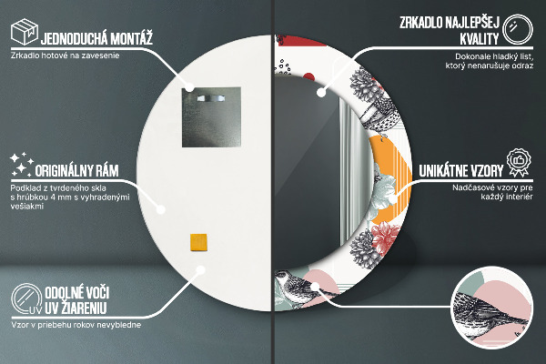 Oglinda rotunda rama cu imprimeu Abstracție cu păsări