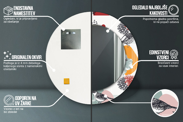 Oglinda rotunda rama cu imprimeu Abstracție cu păsări