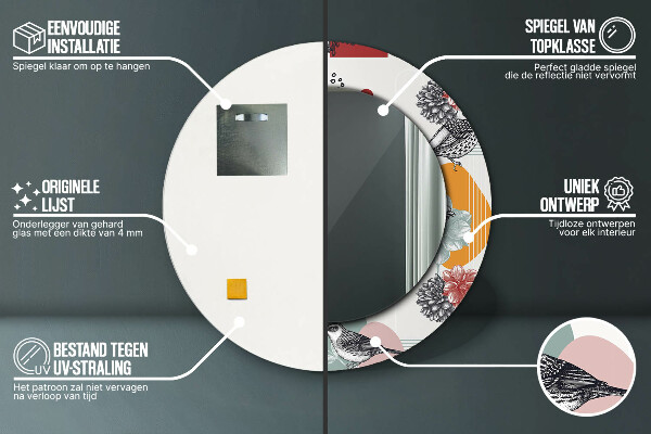 Oglinda rotunda rama cu imprimeu Abstracție cu păsări