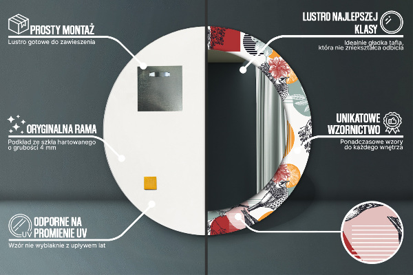 Oglinda rotunda rama cu imprimeu Abstracție cu păsări