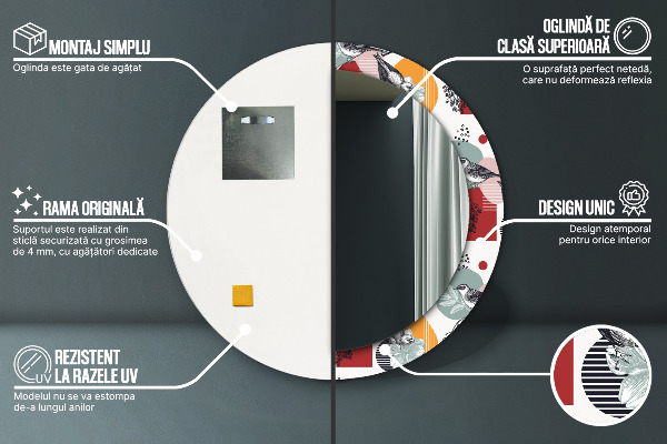 Oglinda rotunda rama cu imprimeu Abstracție cu păsări