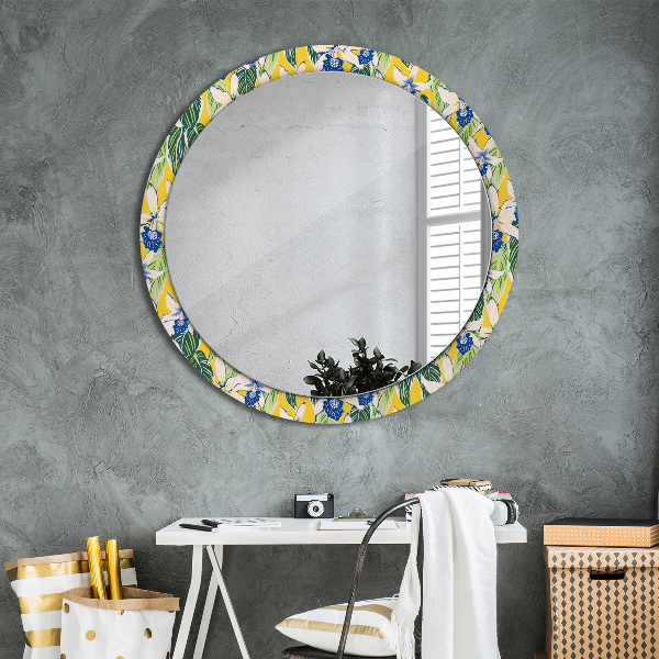 Oglinda rotunda imprimata Orhidee albastre și galbene