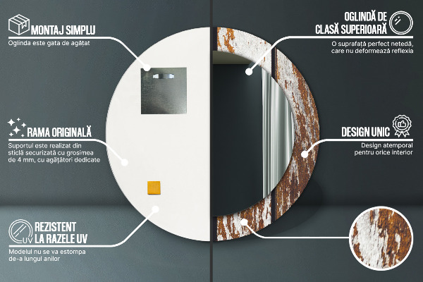 Oglinda rotunda imprimata Lemn întunecat vintage