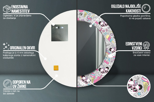 Oglinda rotunda imprimata Panda unicorn