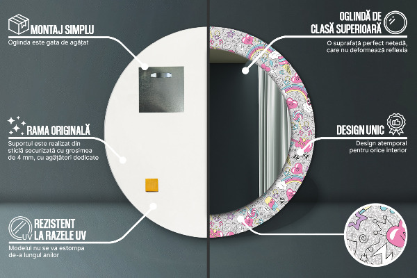 Oglinda rotunda imprimata Panda unicorn