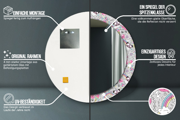 Oglinda rotunda imprimata Panda unicorn