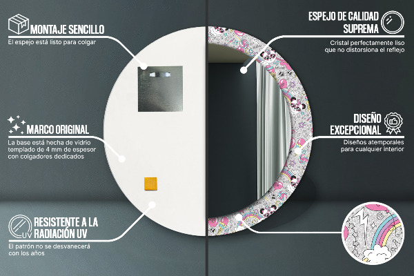 Oglinda rotunda imprimata Panda unicorn