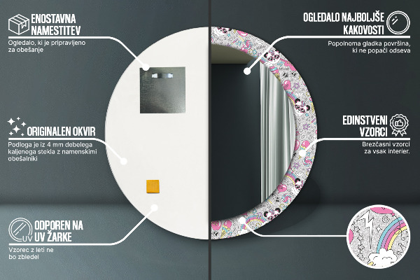 Oglinda rotunda imprimata Panda unicorn