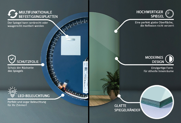 Oglindă cu cerc trunchiat modern cu iluminat led 63x70 cm