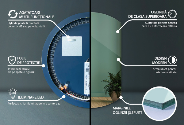 Oglindă cu cerc trunchiat decorativ pentru perete LED 70x80 cm