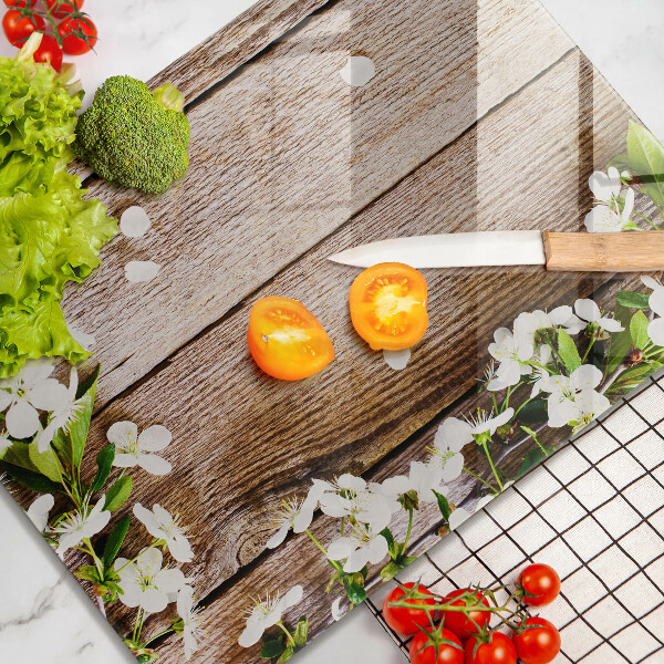 Placă din sticla protectie perete Flori albe pe scânduri