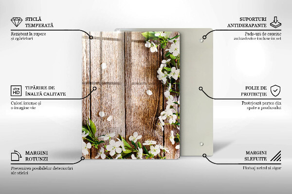 Placă din sticla protectie perete Flori albe pe scânduri