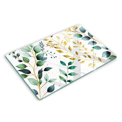 Placă din sticla protectie plita Frunze verzi și aurii