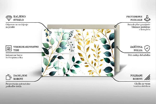 Placă din sticla protectie plita Frunze verzi și aurii