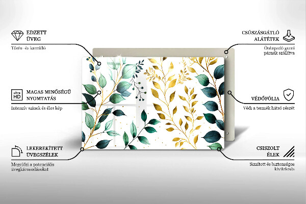 Placă din sticla protectie plita Frunze verzi și aurii