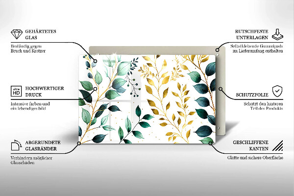 Placă din sticla protectie plita Frunze verzi și aurii