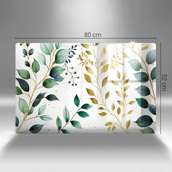 Placă din sticla protectie plita Frunze verzi și aurii