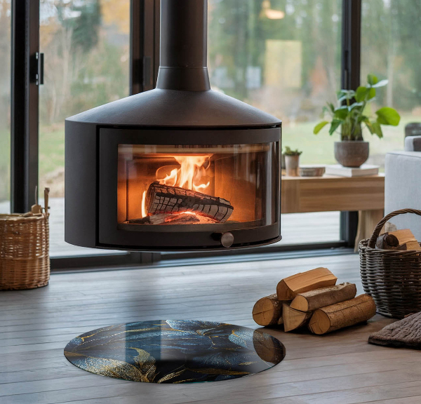 Rotundă sticlă securizată de protecție sub sobă Frunze elegante în textură