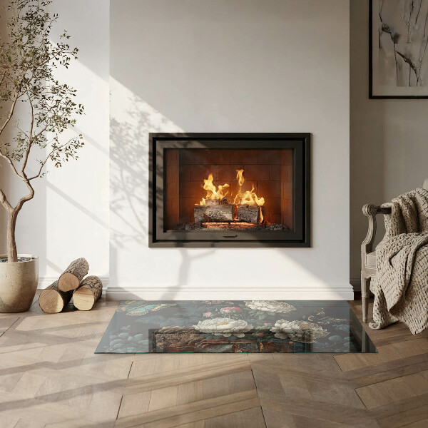 Dreptunghiulară sticlă securizată protecție sub sobă Model floral cu fluturi