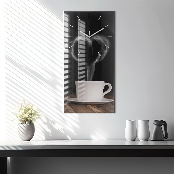 Ceas vertical de perete din sticlă O ceașcă de cafea fierbinte