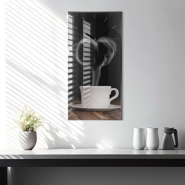 Ceas vertical de perete din sticlă O ceașcă de cafea fierbinte