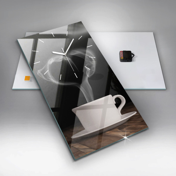 Ceas vertical de perete din sticlă O ceașcă de cafea fierbinte