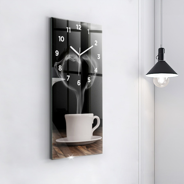 Ceas vertical de perete din sticlă O ceașcă de cafea fierbinte