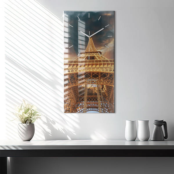 Ceas vertical de perete din sticlă Turnul Eiffel pe fundalul norilor