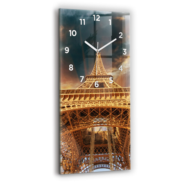 Ceas vertical de perete din sticlă Turnul Eiffel pe fundalul norilor