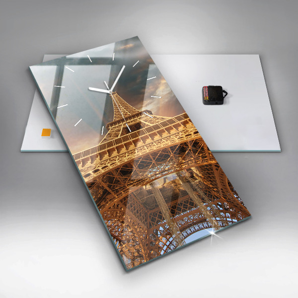 Ceas vertical de perete din sticlă Turnul Eiffel pe fundalul norilor
