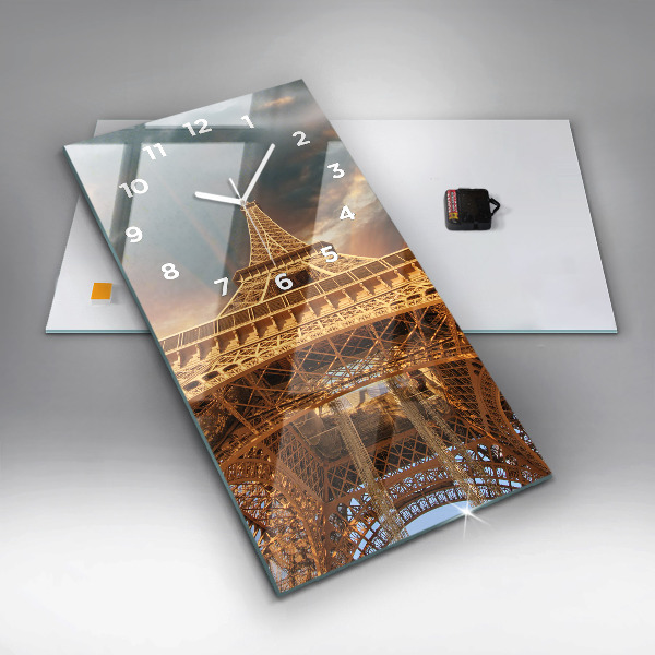 Ceas vertical de perete din sticlă Turnul Eiffel pe fundalul norilor