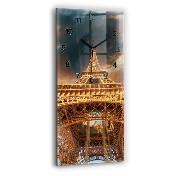 Ceas vertical de perete din sticlă Turnul Eiffel pe fundalul norilor