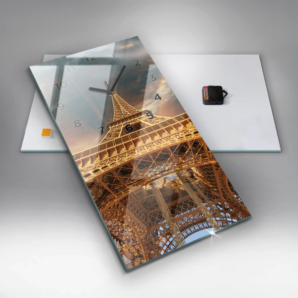 Ceas vertical de perete din sticlă Turnul Eiffel pe fundalul norilor
