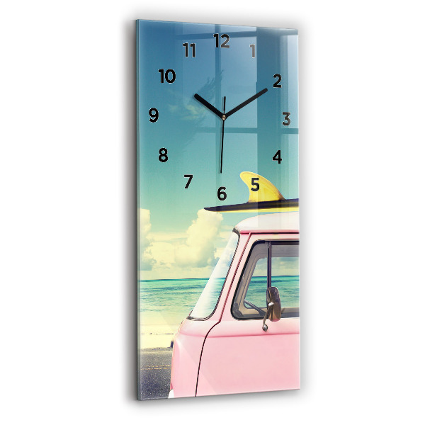 Ceas vertical de perete din sticlă Mașină cu o placă de surf
