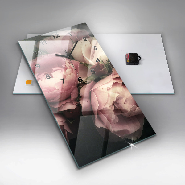 Ceas vertical de perete din sticlă Buchet de trandafiri roz