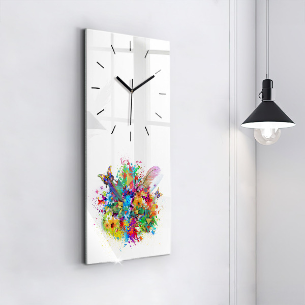Ceas vertical de perete din sticlă Armonie florală cu fluturi