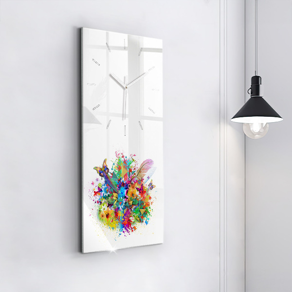 Ceas vertical de perete din sticlă Armonie florală cu fluturi