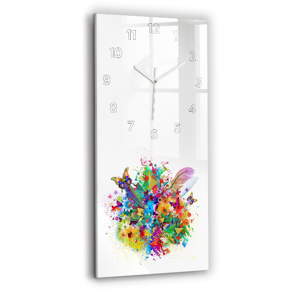 Ceas vertical de perete din sticlă Armonie florală cu fluturi