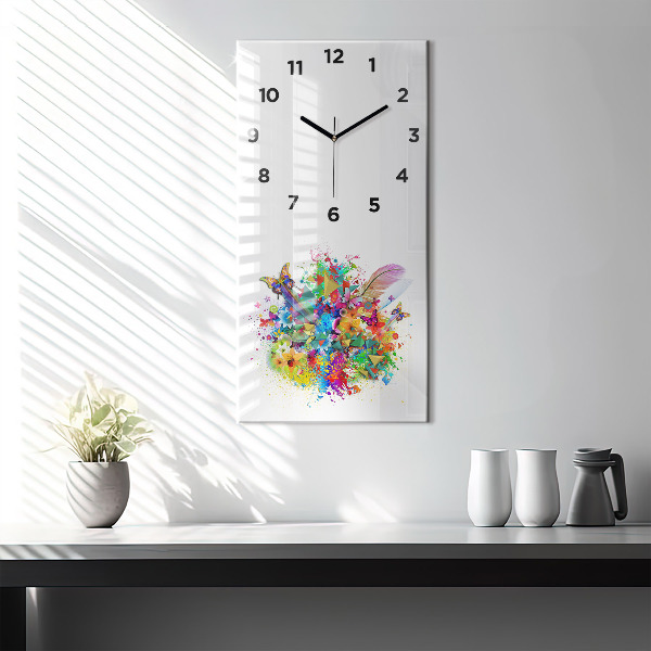 Ceas vertical de perete din sticlă Armonie florală cu fluturi