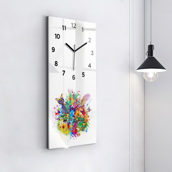 Ceas vertical de perete din sticlă Armonie florală cu fluturi