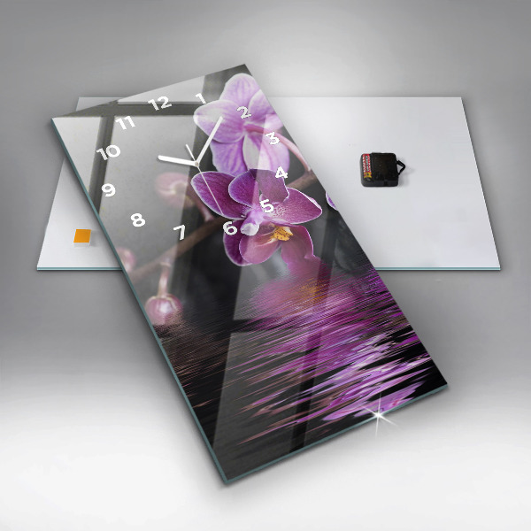 Ceas vertical de perete din sticlă Floare de orhidee pe apă