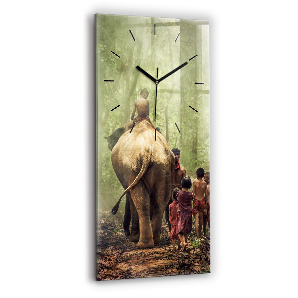 Ceas vertical de perete din sticlă Copii care conduc un elefant